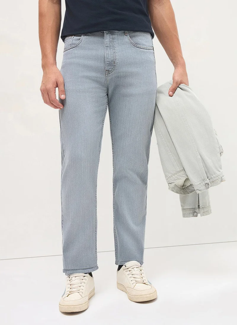 أوربانو فاشن Urbano Fashion Men's Light Grey Straight Fit Washed Denim Jeans Stretchable